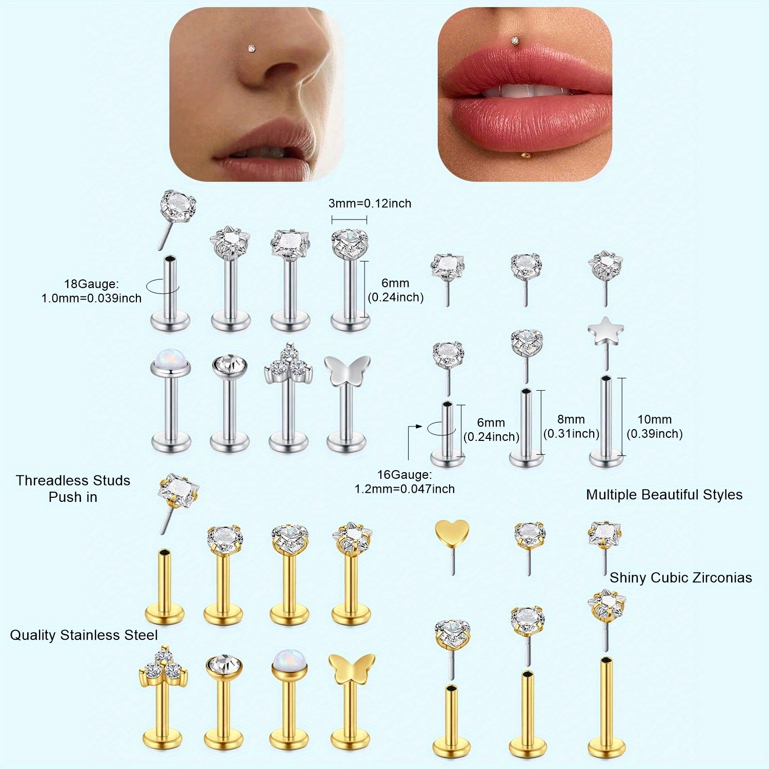 16G 18G Push in Threadless Nos - đánh giá và giá Body Jewelry Threadless